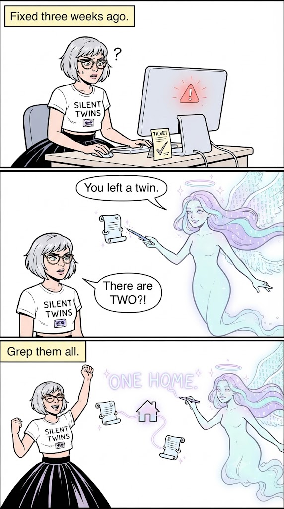 Three-panel comic. Alysha finds an error in something fixed three weeks ago. TESS points out a duplicate copy was left behind. Alysha cheers as TESS links the copies to one home.