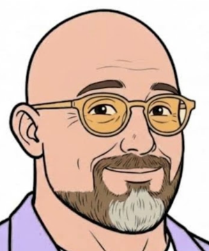 Comic portrait of Alex Bishop: shaved head, amber glasses, short sandy beard greying at the chin, lavender blazer.