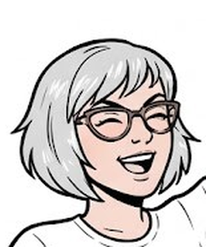 Comic portrait of Alysha Bishop: silver bob, tortoiseshell glasses, laughing.