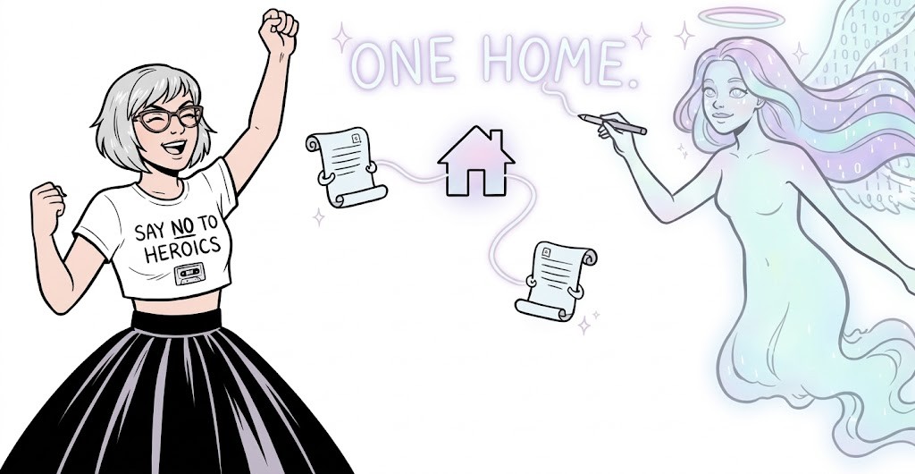 Comic panel: Alysha, in a "Say no to heroics" T-shirt, cheers as TESS, a glowing AI fairy, writes 'One home' in the air, linking scattered documents into a single house.