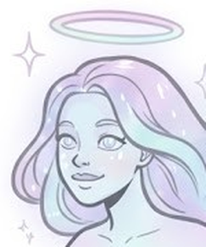 Comic portrait of TESS: a glowing AI fairy with long flowing pastel hair and a halo.